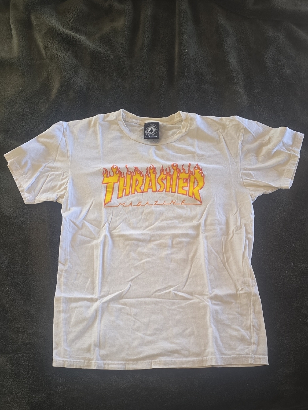 Thrasher White Tee with Yellow-Orange Flame Logo